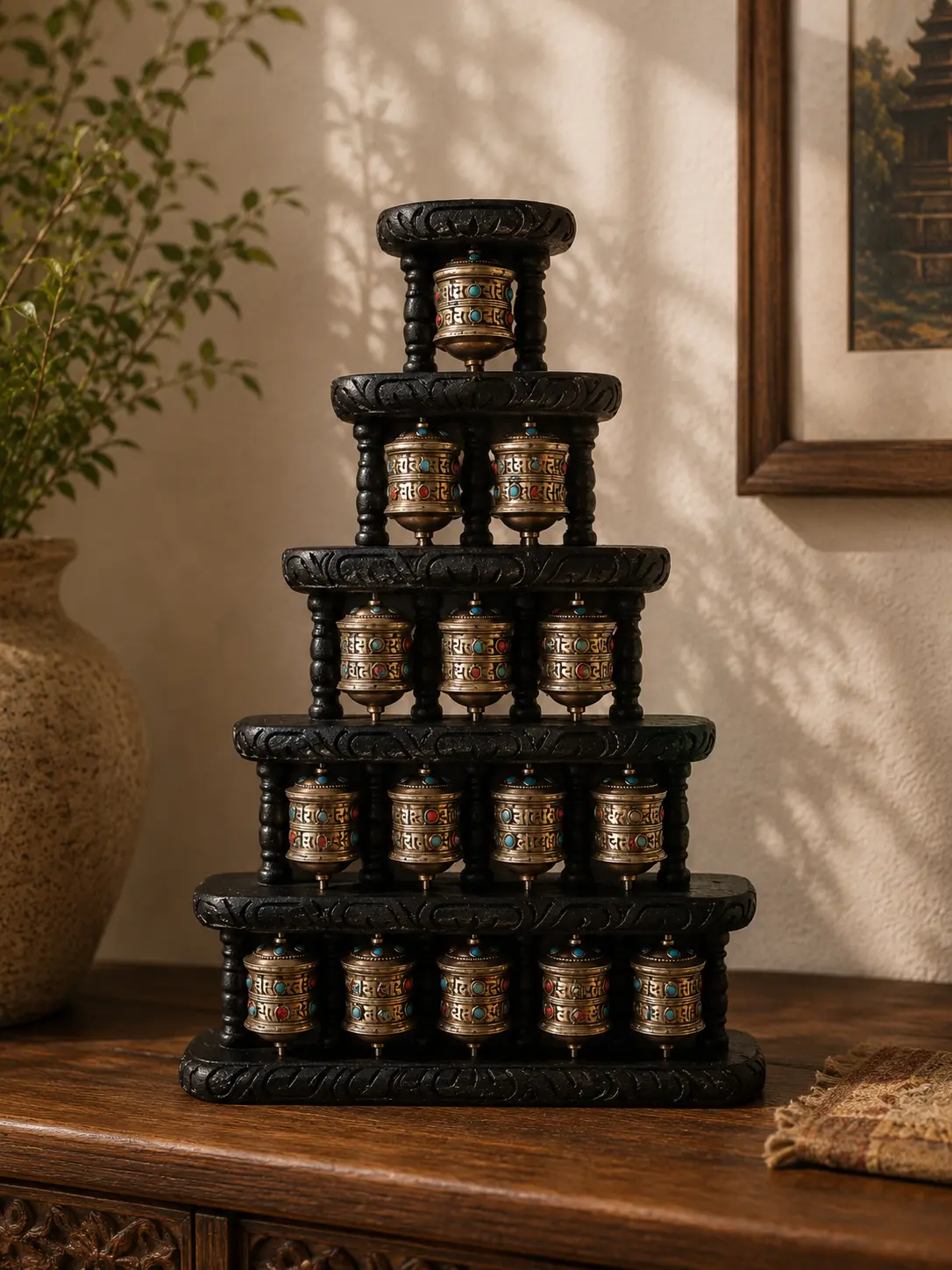 Tiered brass prayer wheel with engraved detail beside warm timber shelving