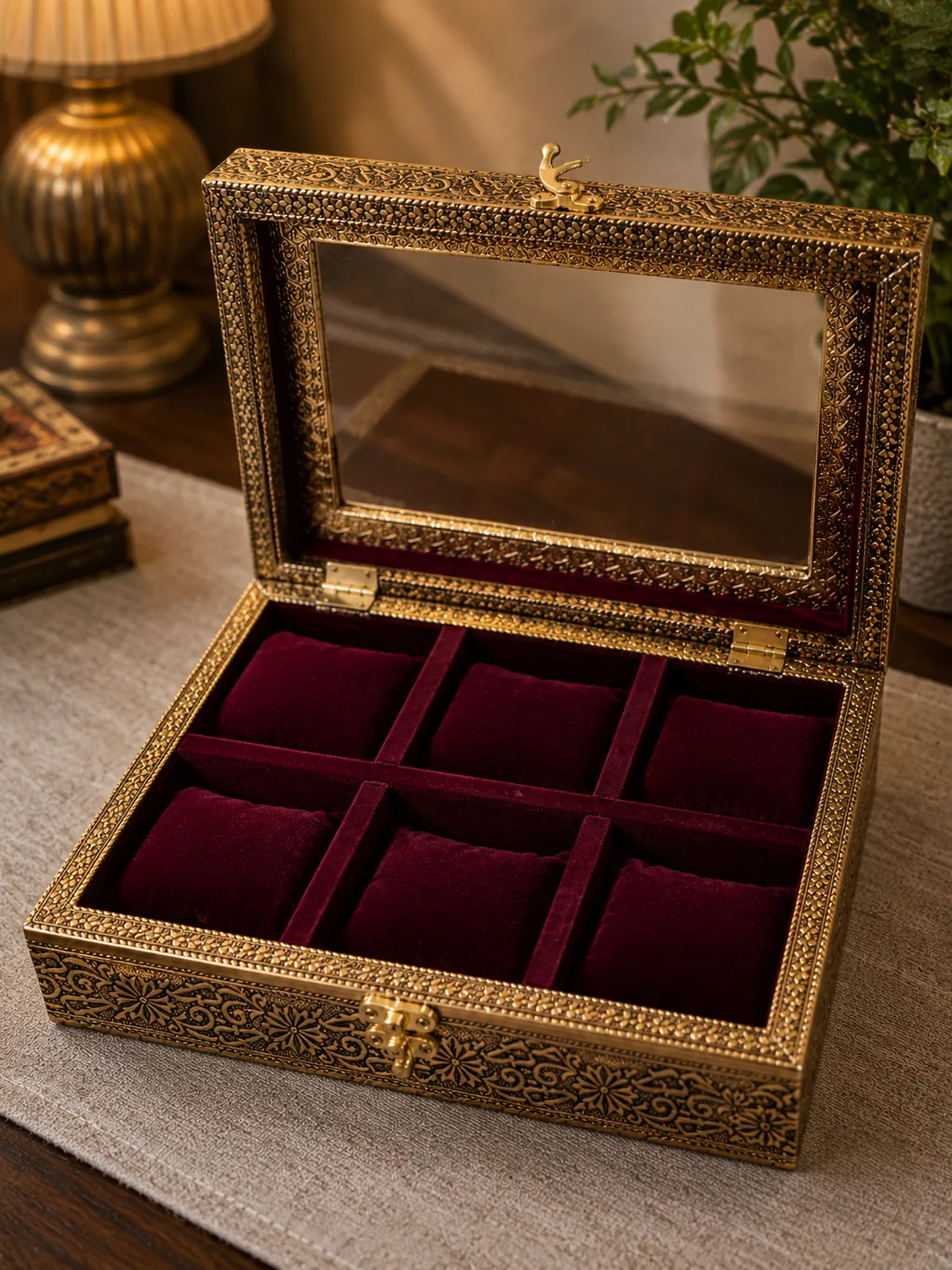 Ornate brass jewellery box with red velvet compartments