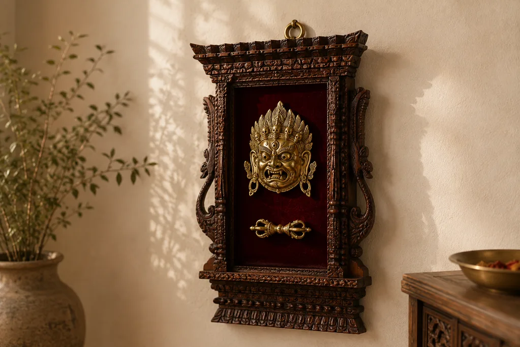 Framed brass mask wall art in a carved timber frame