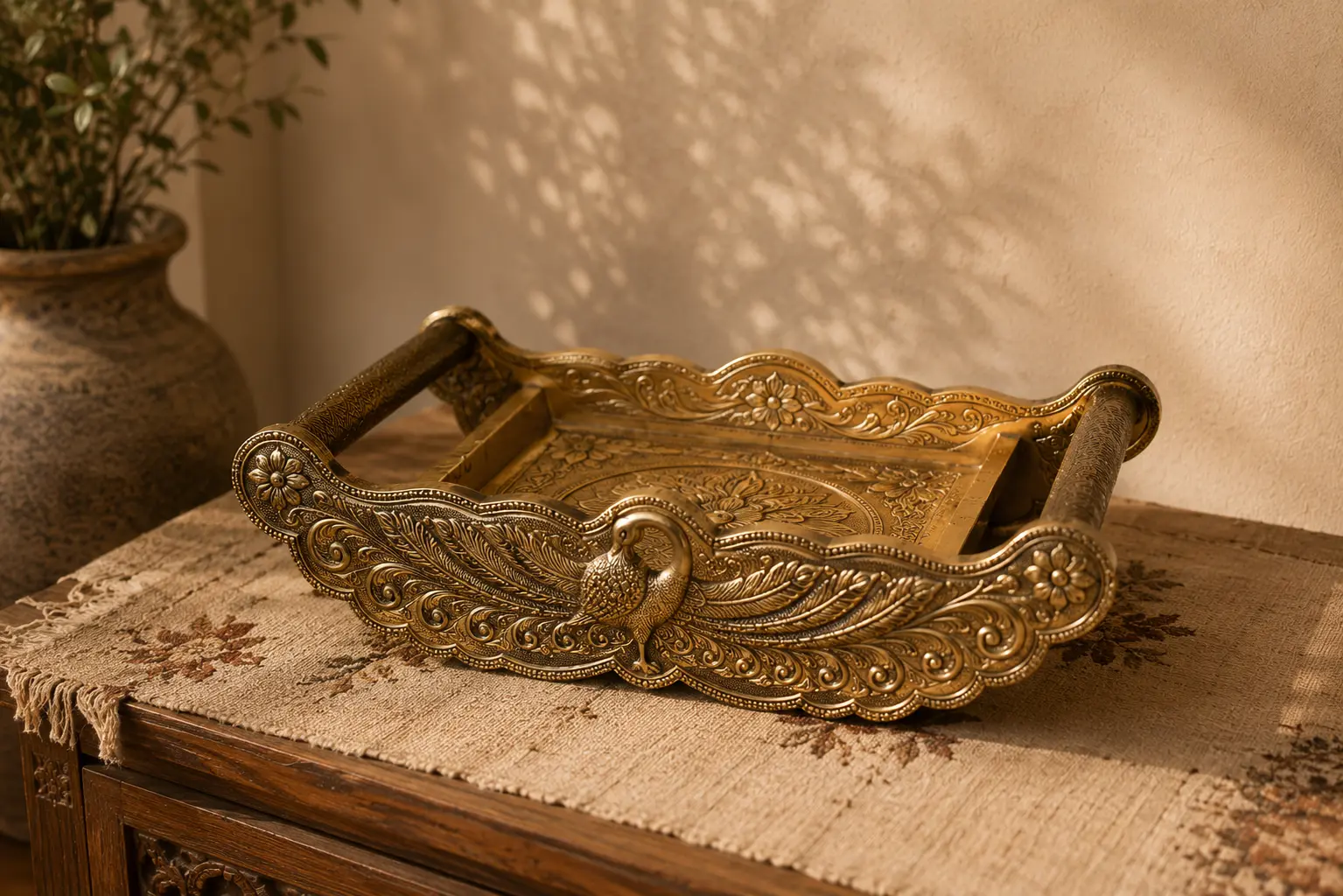 Hand-engraved brass peacock tray styled on a woven runner in warm afternoon light