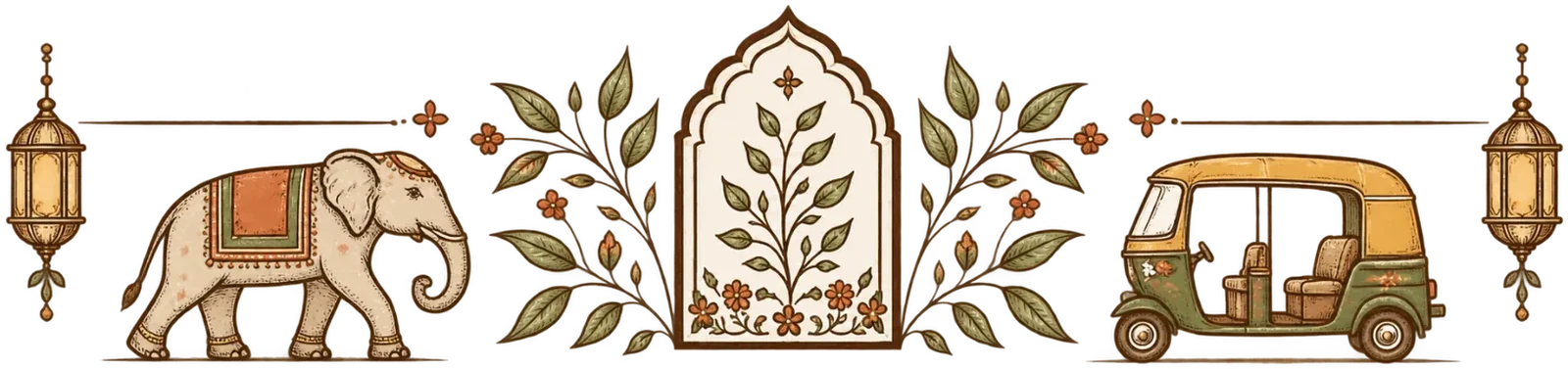 Decorative illustration of a ceremonial elephant, central floral arch, foliage, tuk-tuk and hanging lanterns